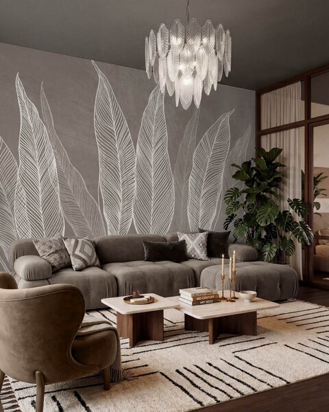 Tapet Frunze albe stilizate, cu detalii complexe ale liniilor, pe un fundal maro, lucrare artistică cu, Imagini de fundal unice, w10030v4 : Uwalls.ro