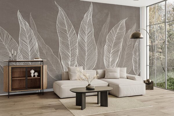 Tapet Frunze albe stilizate, cu detalii complexe ale liniilor, pe un fundal maro, lucrare artistică cu, Imagini de fundal unice, w10030v4 : Uwalls.ro