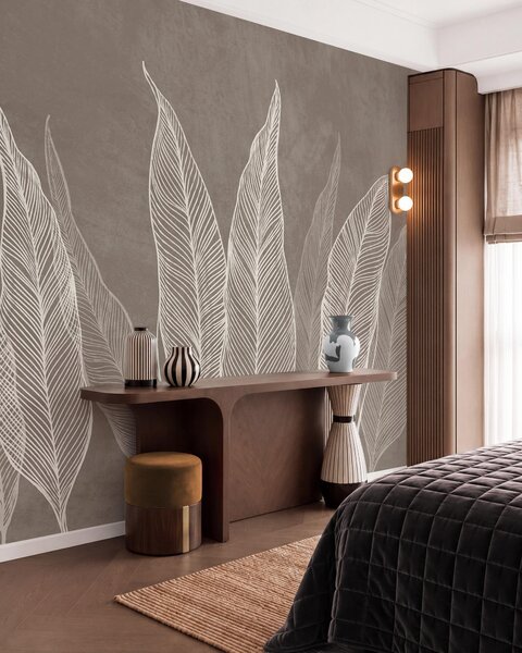 Tapet Frunze albe stilizate, cu detalii complexe ale liniilor, pe un fundal maro, lucrare artistică cu, Imagini de fundal unice, w10030v4 : Uwalls.ro