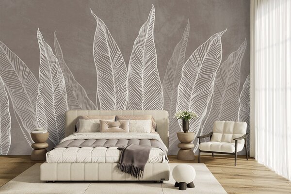 Tapet Frunze albe stilizate, cu detalii complexe ale liniilor, pe un fundal maro, lucrare artistică cu, Imagini de fundal unice, w10030v4 : Uwalls.ro