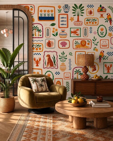 Tapet Model colorat cu animale, plante și fructe, Imagini de fundal unice, w05885 : Uwalls.ro