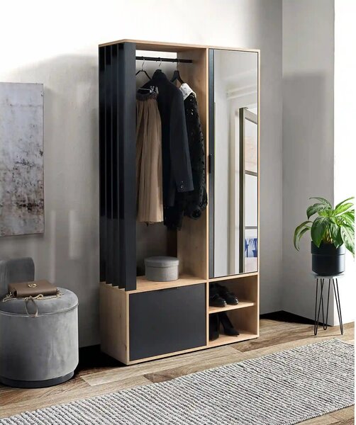 Cuier mobila hol MILO, stejar artisan/negru, PAL laminat/metal, 100x33