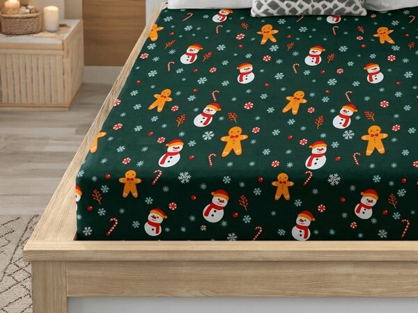 Cearsaf din microfibra SNOWMAN AND GINGERBREAD verde 90x200 cm