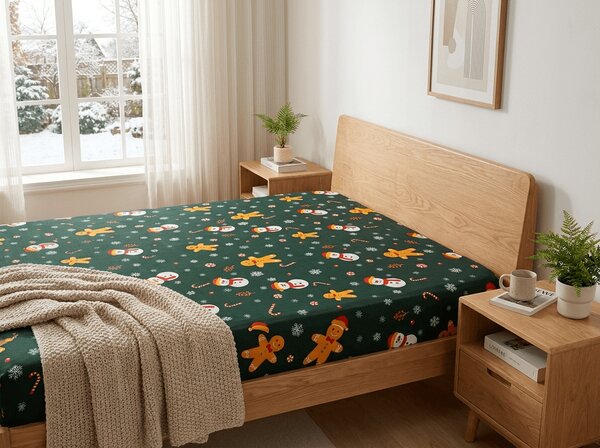 Cearsaf din microfibra SNOWMAN AND GINGERBREAD verde 90x200 cm