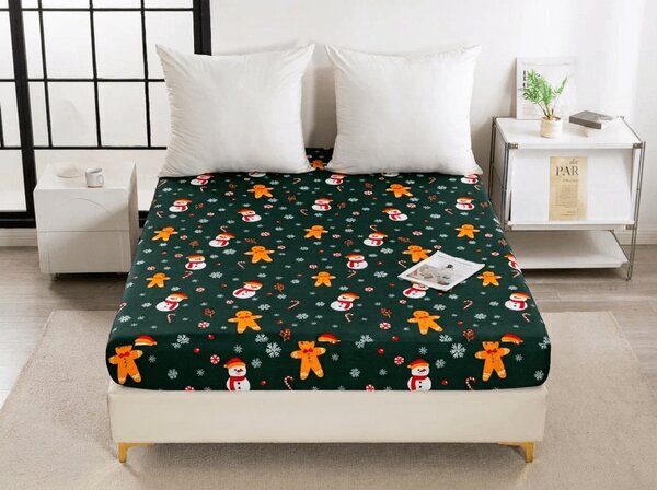Cearsaf din microfibra SNOWMAN AND GINGERBREAD verde 90x200 cm