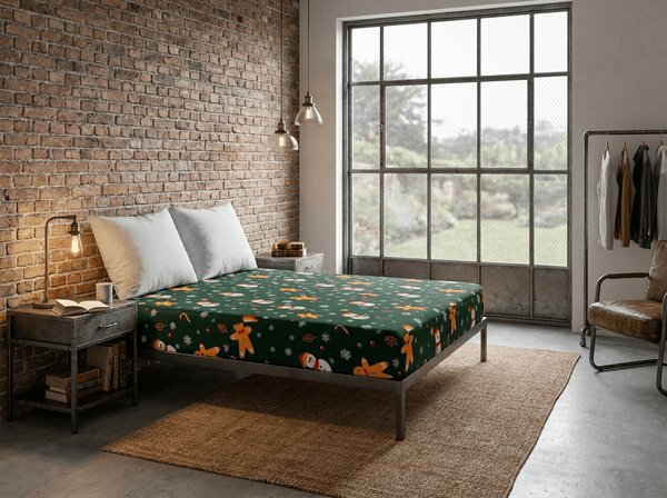Cearsaf din microfibra SNOWMAN AND GINGERBREAD verde 90x200 cm