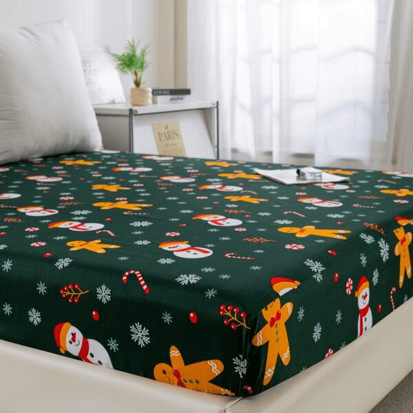 Cearsaf din microfibra SNOWMAN AND GINGERBREAD verde 90x200 cm