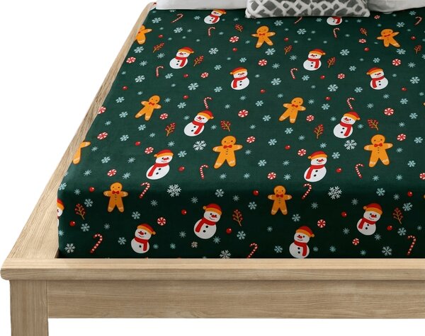 Cearsaf din microfibra SNOWMAN AND GINGERBREAD verde 90x200 cm