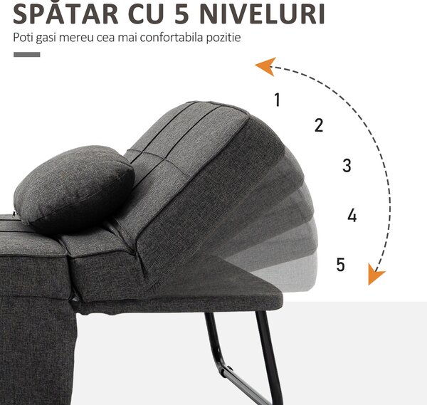 HOMCOM Canapea extensibilă cu Spătar Reglabil pe 5 Nivele și Pernă Suplimentară, 95x179x78 cm, Gri | Aosom Romania