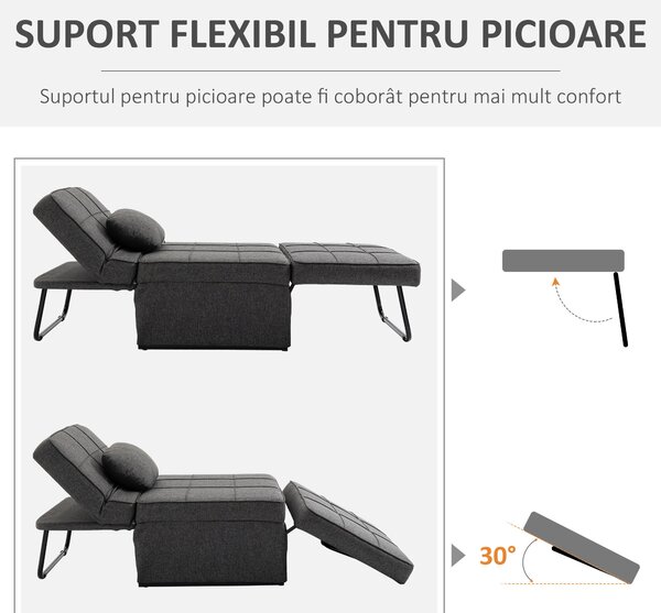 HOMCOM Canapea extensibilă cu Spătar Reglabil pe 5 Nivele și Pernă Suplimentară, 95x179x78 cm, Gri | Aosom Romania