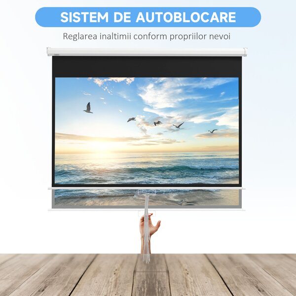 HOMCOM Ecran pentru Proiector 80" 16:9 cu Sfoară de Reglaj, din Plastic și Metal, 187x8x150 cm, Alb | Aosom Romania