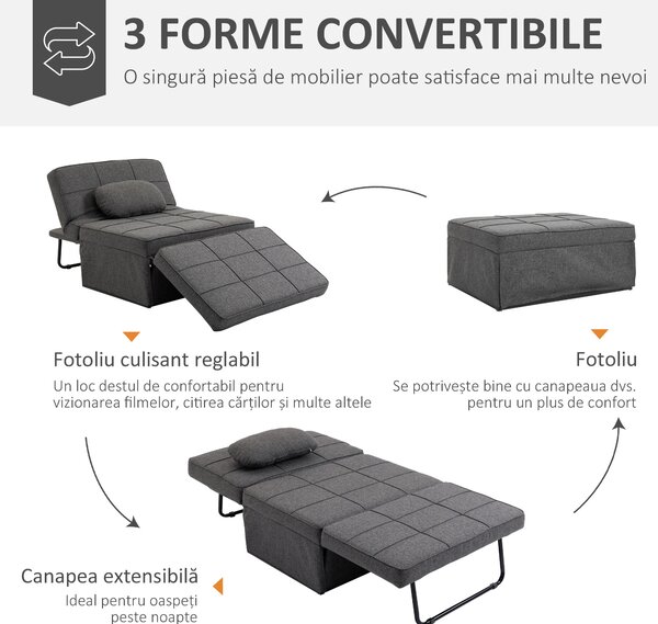 HOMCOM Canapea extensibilă cu Spătar Reglabil pe 5 Nivele și Pernă Suplimentară, 95x179x78 cm, Gri | Aosom Romania