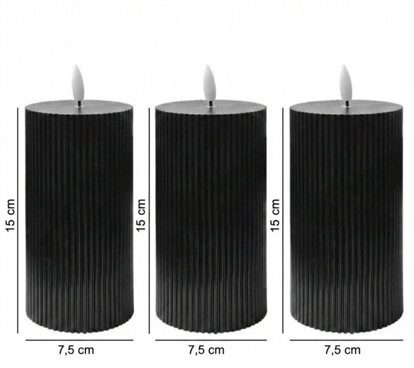 Set 3 lumânări LED BRILLO, 15 cm, negre, alimentare 2x AA, cu telecomandă