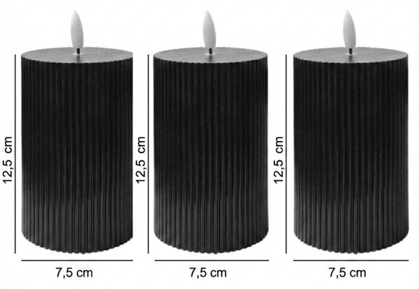 Set de 3 lumânări LED BRILLO, 12,5 cm, negre, alimentate cu 2x AA, cu telecomandă
