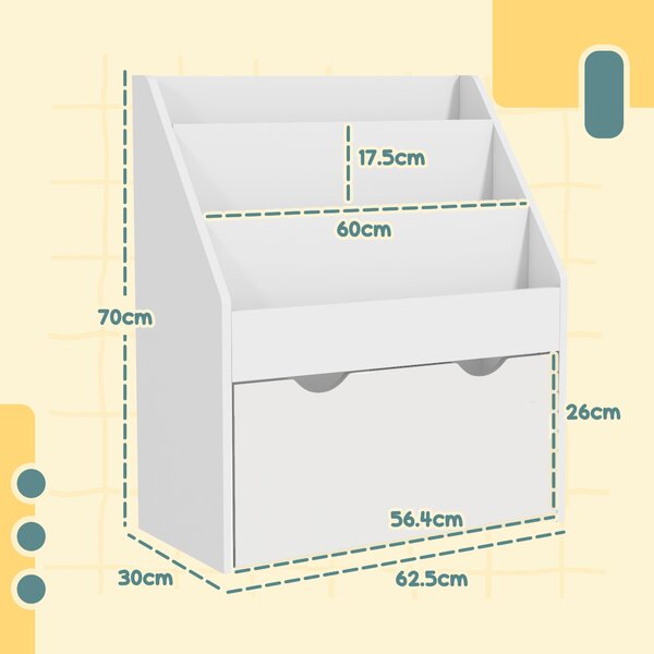 AIYAPLAY Bibliotecă Copii 3-8 Ani cu 3 Rafturi și Sertar, Raft de Depozitare Jucării, 62,5x30x70 cm, Alb | Aosom Romania