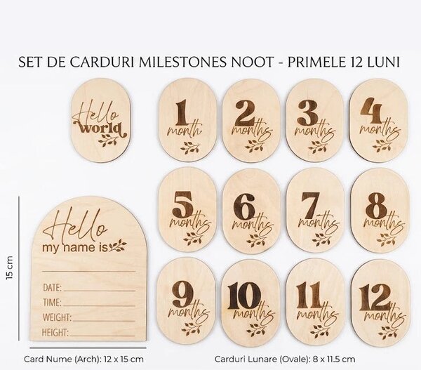 Set Carduri Milestone din Lemn, pentru Bebeluș, Primele 12 Luni, 14 Piese