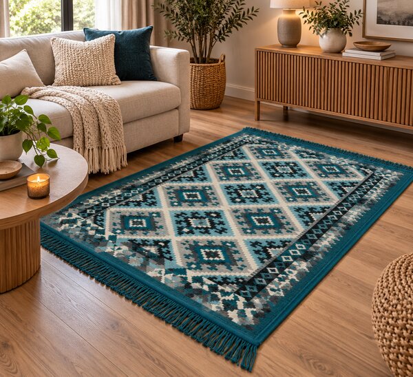 Covor traditional, cu doua fete, dimensiunea 120x180cm, turcoaz