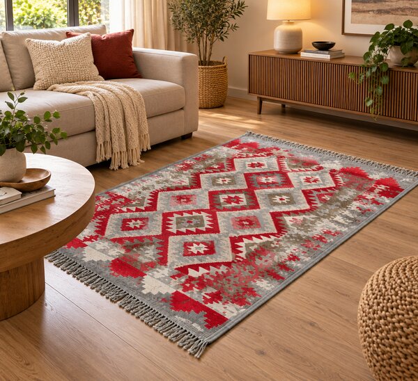 Covor traditional, cu doua fete, dimensiunea 120x180cm, rosu-gri