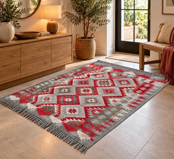 Covor traditional, cu doua fete, dimensiunea 120x180cm, rosu-gri