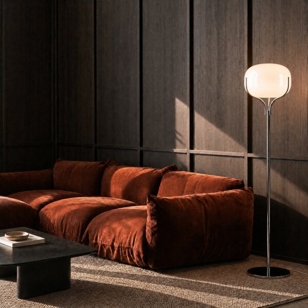 Lucande Lampadar Christo, înălțime 160 cm, crom/alb, sticlă, Alb, Camera de zi / sufragerie, Sticlă, Design