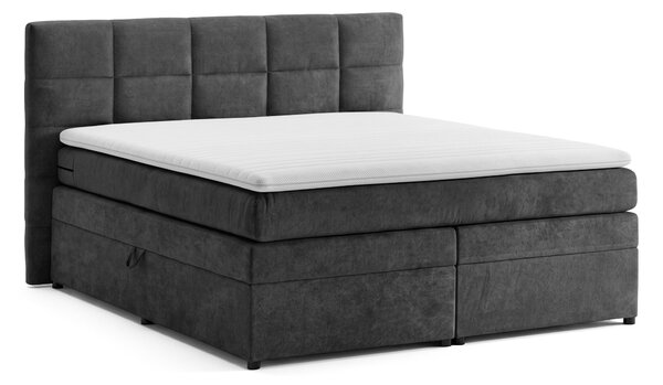 Pat Boxspring Gibson, cu ladă de depozitare, saltea și topper incluse, Gri-Inchis-Enjoy / 140x200