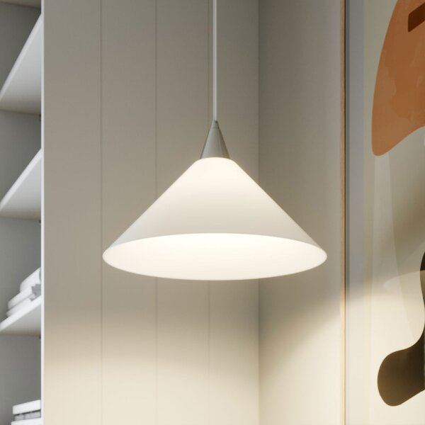 Lindby Lampă suspendată Petra, alb, sticlă, Ø 40 cm, con, E27, reglabil, Alb, Bucătărie, Sticlă, Modern