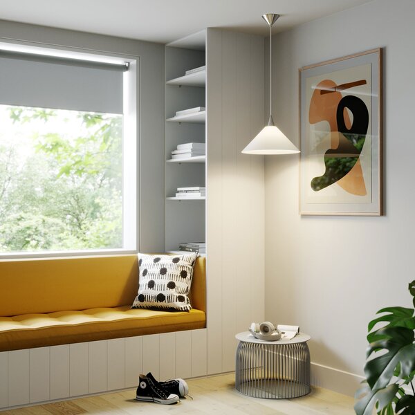 Lindby Lampă suspendată Petra, alb, sticlă, Ø 40 cm, con, E27, reglabil, Alb, Bucătărie, Sticlă, Modern