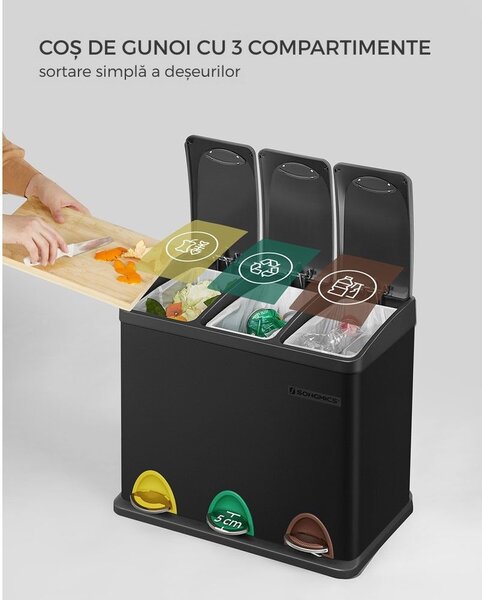Coș de reciclare SORT 24L (3x8L), negru SongmicsHome