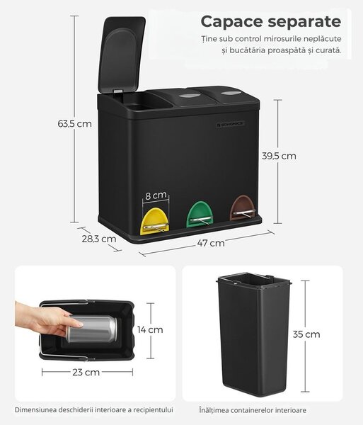Coș de reciclare SORT 24L (3x8L), negru SongmicsHome