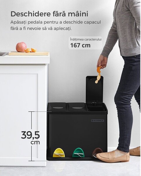 Coș de reciclare SORT 24L (3x8L), negru SongmicsHome