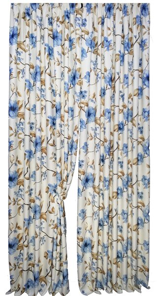 Draperie culoare alb cu model floral albastru, croita cu rejansa, by Seredesign