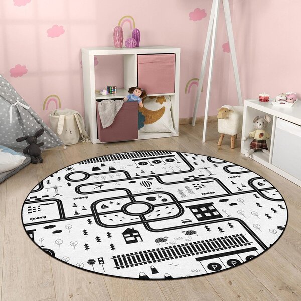 Covor de joacă pentru copii alb-negru lavabil ø150 cm In My Town – Mila Home
