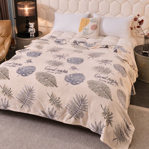 Patura cocolino subtire, 200x230 cm, model frunze tropicale