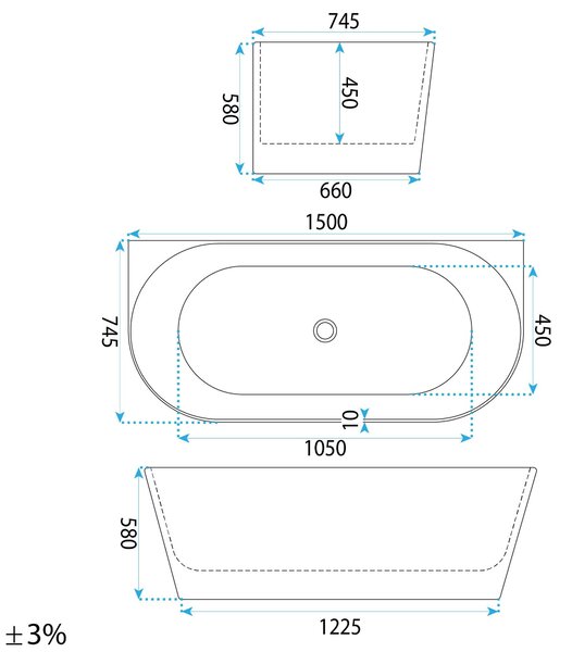 Rea Rea, Cadă de baie acrilică CAPRI SLIM 150cm, REA-W0503
