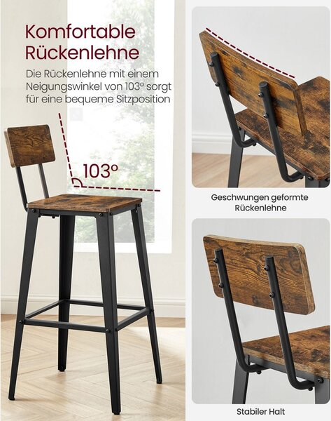 Set 2 scaune de bar, Vasagle, Maro-Negru, 102.2×45.4×45.4 cm