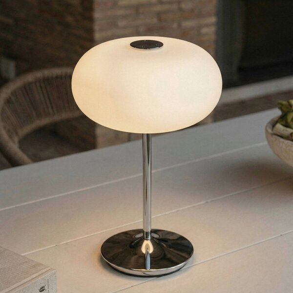 Lucande Lampa de masă cu baterie și LED Anoria, crom/alb, sticlă, IP44, USB, reglabil, Crom, Camera de zi / sufragerie, Sticlă, Design
