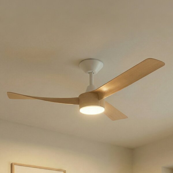Lucande Ventilator de tavan cu LED Airona, alb/lemn, curent continuu,, reglabil, Lemn, Camera de zi / sufragerie, Plastic, Modern
