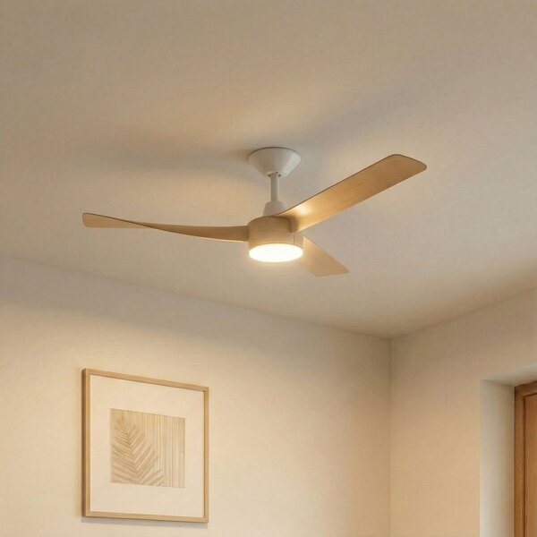 Lucande Ventilator de tavan cu LED Airona, alb/lemn, curent continuu,, reglabil, Lemn, Camera de zi / sufragerie, Plastic, Modern