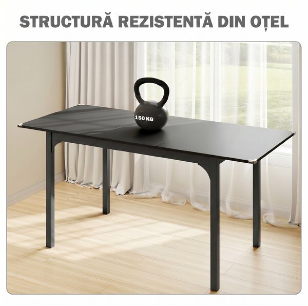 HOMCOM Masă de Grădină Extensibilă pentru 4-6 Persoane cu Picioare din Oțel, 160x70x75 cm, Negru | Aosom Romania