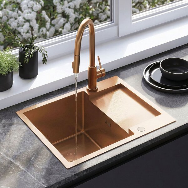 Chiuvetă Rea Paul, din oțel inoxidabil cu 1 compartiment 600x480x185 mm, cupru mat, ZLE-06017