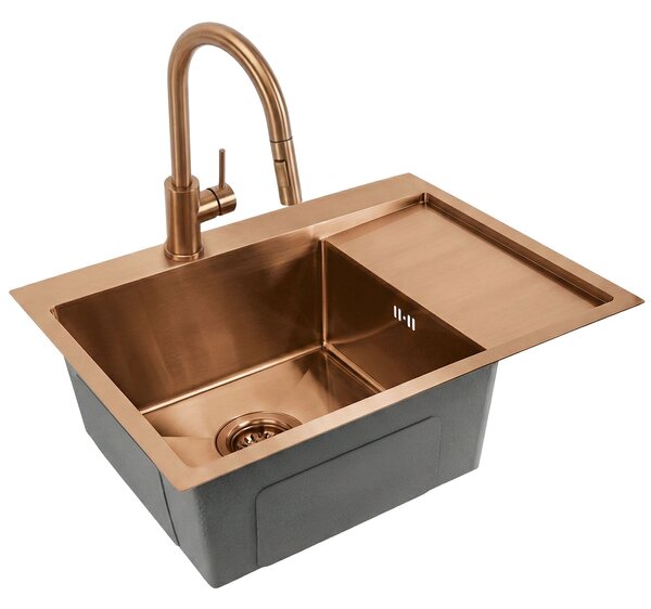 Chiuvetă Rea Fin din oțel inoxidabil cu 1 cuvă, 620x480x185 mm, cupru periat, ZLE-06018