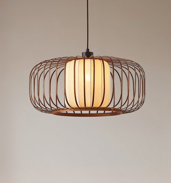 Lindby Lampă suspendată Davella, Ø 50 cm, bambus, textil, reglabil, Lemn, Camera de zi / sufragerie, Bamboo, Scandinavă