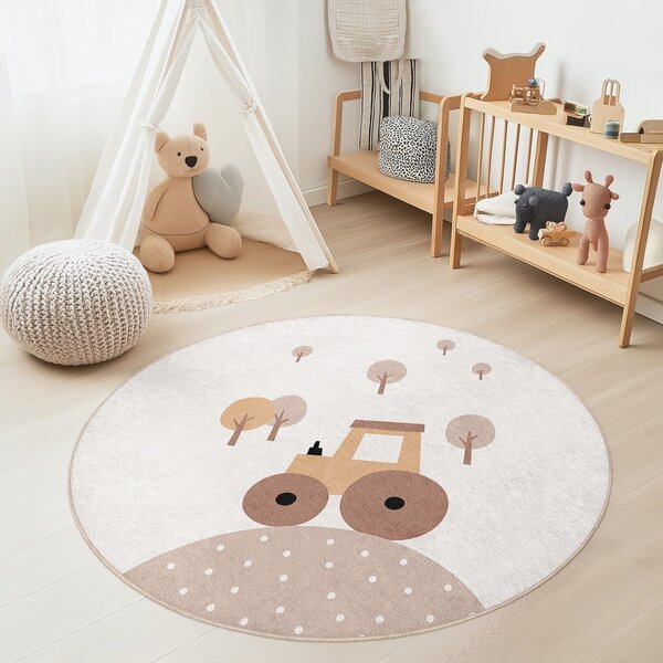 Covor pentru copii bej lavabil ø150 cm Tractor World – Mila Home