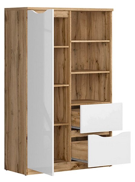 Biblioteca Nuis cu 2 rafturi, 2 sertare si o usa, alb lucios, 39.5X90X147.5 cm