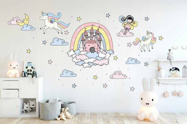 Autocolant de perete basm, pentru fetițe - zână și unicorn