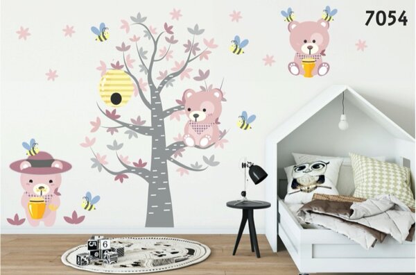 Autocolant frumos de perete pentru copii, cu ursuleți roz și albine 80 x 160 cm