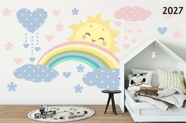 Autocolant frumos de perete în culori pastelate Soare, Curcubeu și Nori 150 x 300 cm