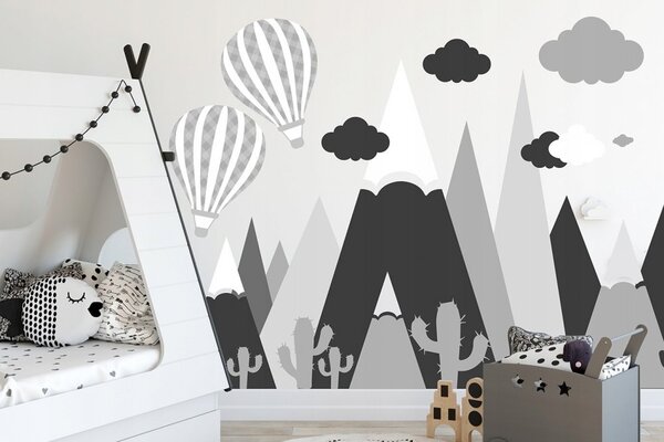 Autocolant de perete modern negru-gri Munți și baloane cu aer cald 100 x 200 cm