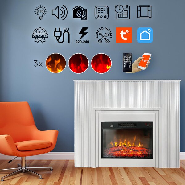 Semineu electric 3D cu riflaje ElectricSun LAMELIA alb, cu sunet, 3 culori, Wi-Fi cu APP internet, L120xH102cm