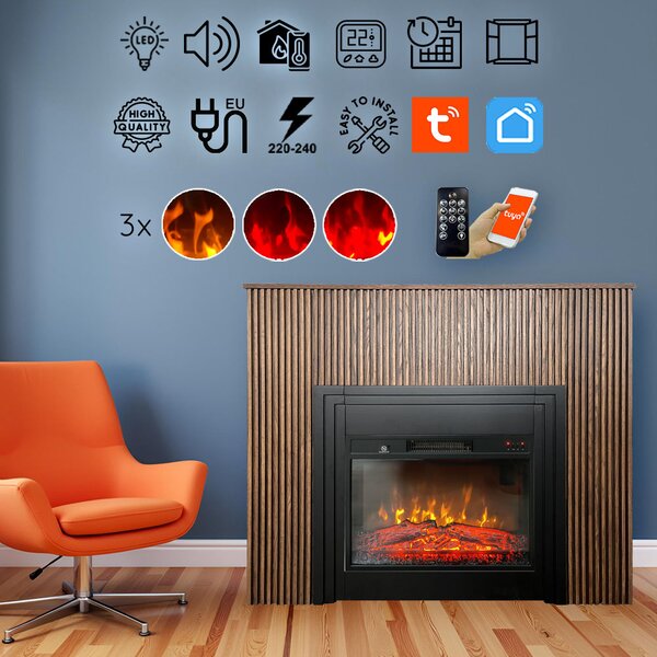 Semineu electric 3D cu riflaje ElectricSun LAMELIA stejar inchis, cu sunet, 3 culori, Wi-Fi cu APP internet, L120xH102cm